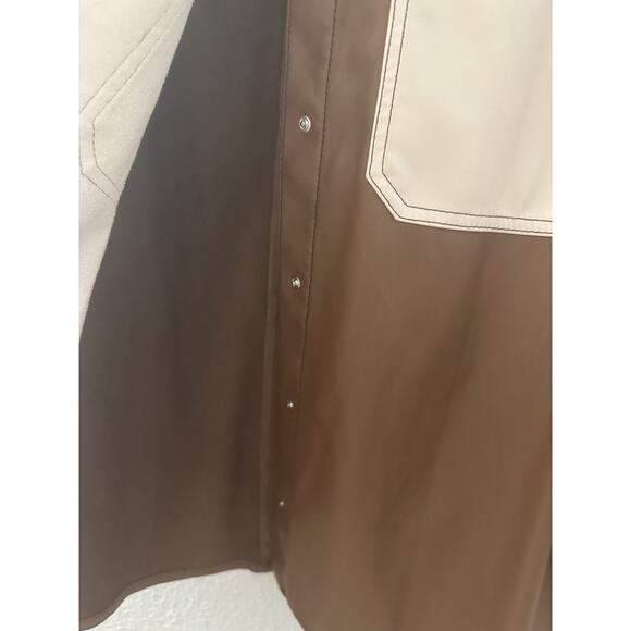 SFIZIO Women's Brown Color Block Faux Leather Patchwork Shacket Size Medium NWOT - Picture 11 of 14